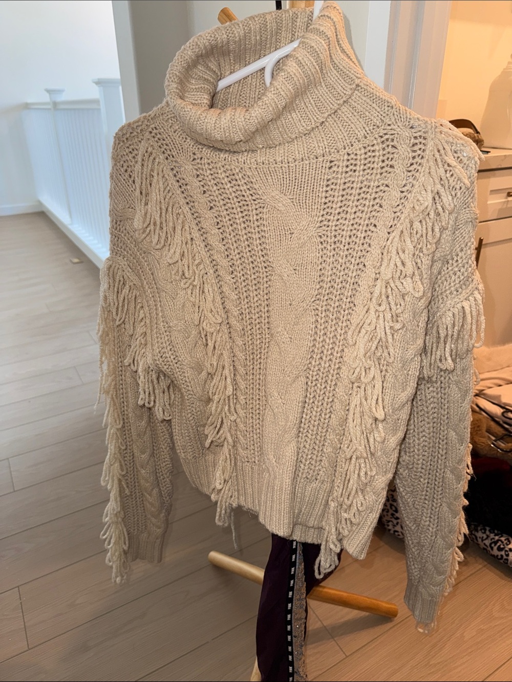 Forever 21 Beige Turtleneck Fringe Cable Knit Sweater